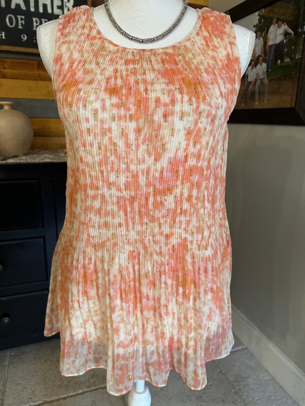 Rose & Olive Coral Cream Pleated Sleeveless Blouse